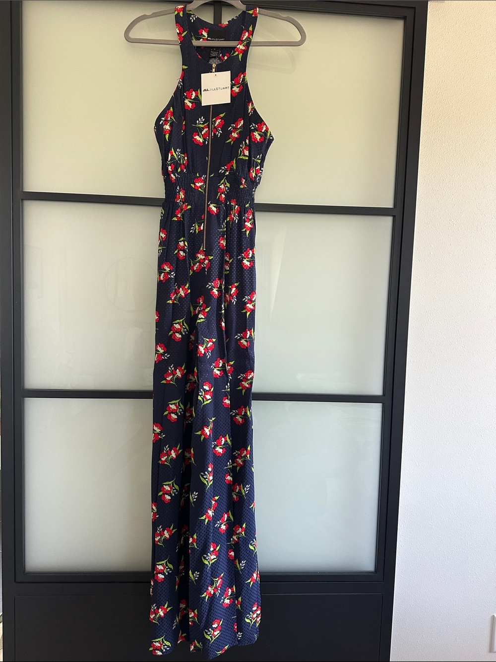 Jill Stuart Navy Floral Halter Jumpsuit with Red Floral Print